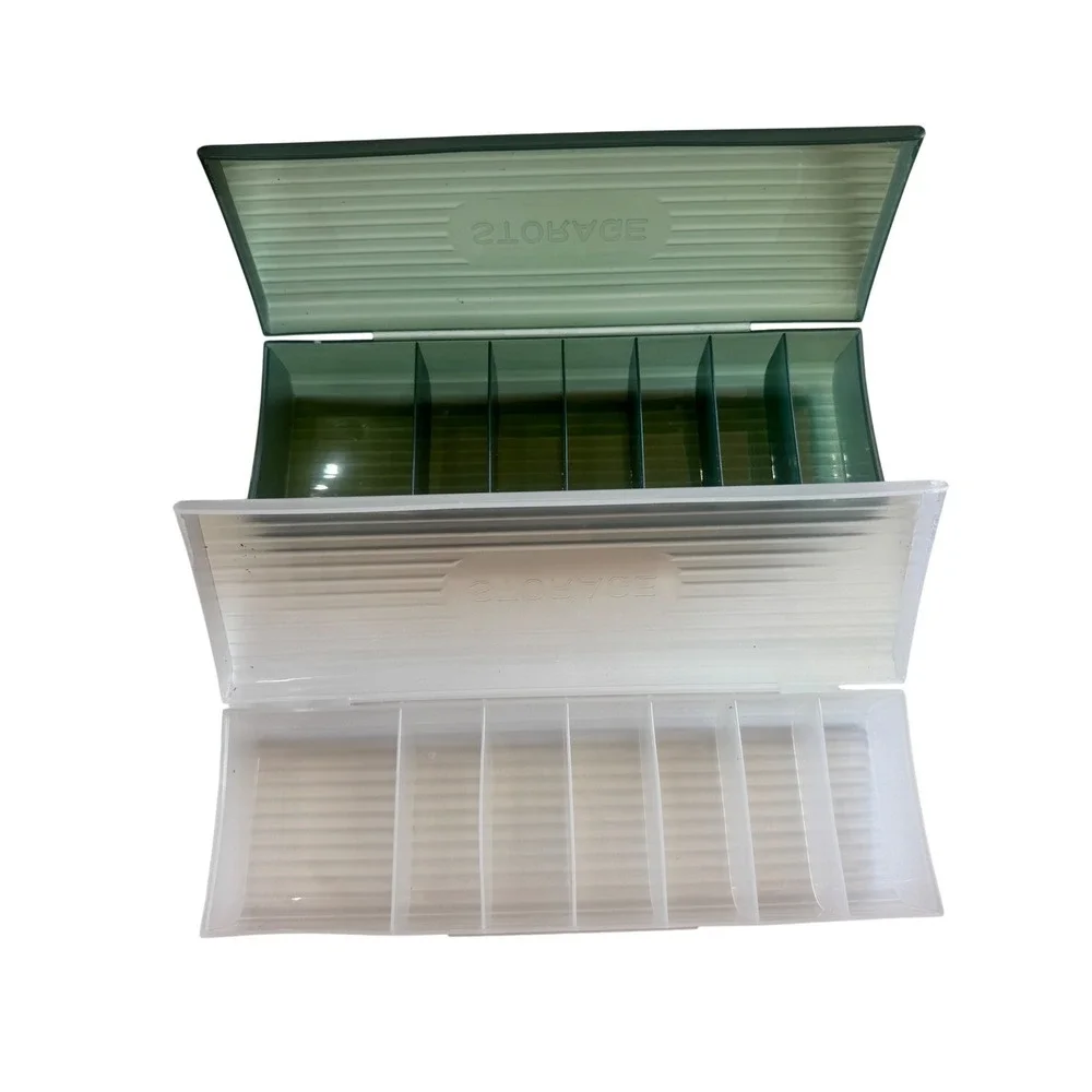 Set of‎ 2 Plastic 7-Compartment Storage Organizer Boxes Green Clear Ribbed Lid